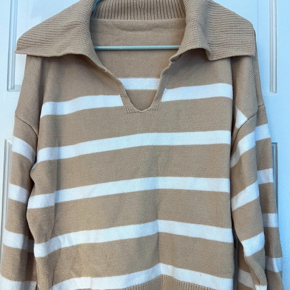 Stripped Beige Sweater with Collar